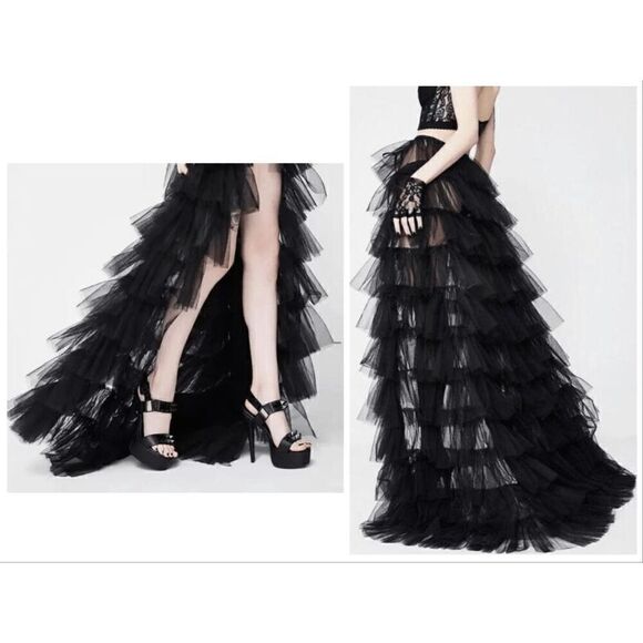 🖤 NEW Goth Tier Layered Tulle Mesh Petticoat Train Wrap Hi-Lo Black Open Skirt - Picture 17 of 17